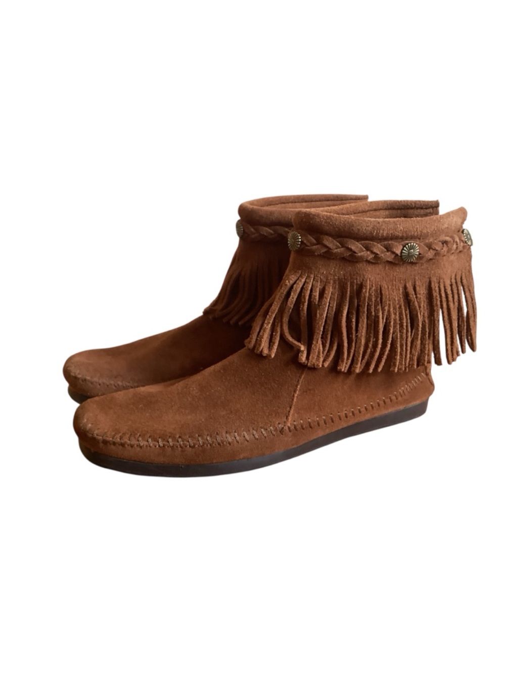 Minnetonka Brown Fringe Suede Ankle Boot Moccasins Size 10